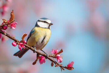 Colorful blue tit bird perched on a blooming cherry blossom branch, surrounded by soft pastel colors, showcasing the beauty of nature in springtime