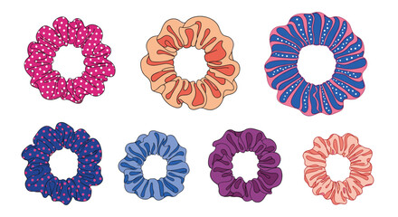 Set of seven vibrant hair scrunchies with different patterns like stripes and dots for fashionable hair accessories.