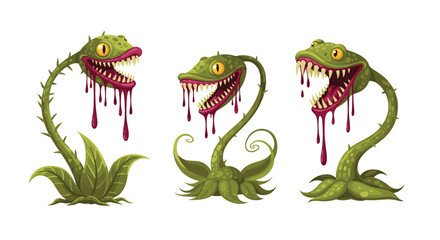 Three unique versions of a monstrous carnivorous plant with sharp teeth and red liquid dripping from its open mouth in a fantasy style.