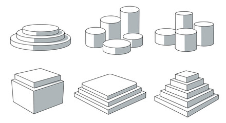 Set of gray and white 3D geometric podiums and platforms in various shapes like cylinders and pyramids for product display mockups.