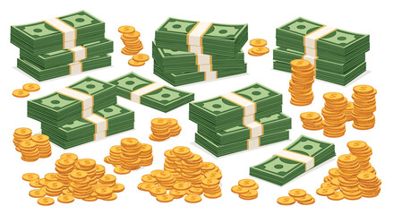 Large assortment of paper money stacks and piles of gold coins representing wealth, banking, finance, and economic success illustrations.