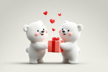 Two adorable cartoon polar bears exchanging a gift with a red ribbon, surrounded by floating hearts, conveying love and friendship in a playful illustration
