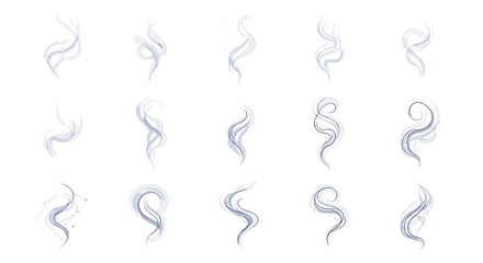 Set of fifteen different wispy gray smoke or steam trails in various swirls and shapes for atmospheric design and environmental effects.