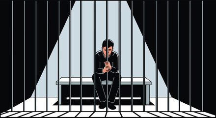 Sad man sitting alone on a bench behind prison bars illuminated by a single spotlight in a dark jail cell symbolizing loss of freedom.