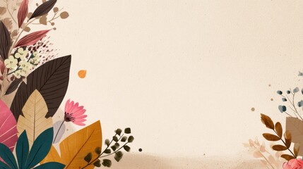 Colorful floral illustration featuring various leaves and flowers on a textured background, creating a vibrant and inviting atmosphere with ample copy space for design purposes