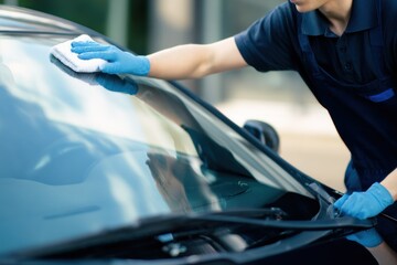 Male automotive technician in blue gloves is cleaning the windshield of a black car, showcasing attention to detail and professionalism in vehicle maintenance and care