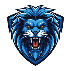 Fototapeta premium Blue Roaring Lion Head Esports Mascot Logo Illustration. Aggressive Powerful Roaring Lion Head Logo Design for Gaming Team.