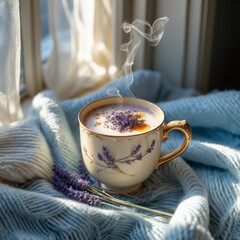 Cup of tea with lavender on a cozy blanket near a window in morning light