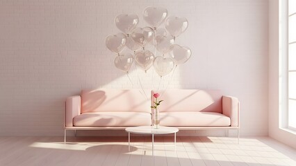 Clear heart balloons floating above a pink sofa in a bright, minimalist room