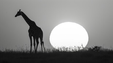 A lone giraffe standing tall against a setting sun its iconic silhouette a symbol of the African savannah. Black and white art