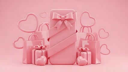 Pink smartphone surrounded by gift bags, presents, and heart shapes