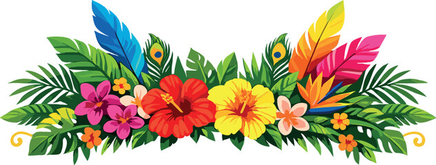 Fototapeta premium Tropical floral arrangement with colorful feathers and peacock eyes