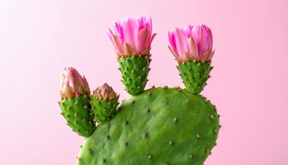 Close-up of a cactus with vibrant pink blooms against a soft pink background