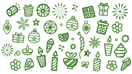 Retro vintage diwali themed doodle icons. Doodle sketch drawings in grunge charcoal style for winter holidays party celebration perfect for posters and invitation cards.