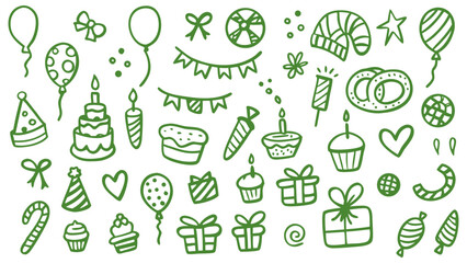 Retro vintage birthday themed doodle icons. Doodle sketch drawings in grunge charcoal style for winter holidays party celebration perfect for posters and invitation cards.