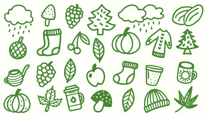 Retro vintage autumn themed doodle icons. Doodle sketch drawings in grunge charcoal style for winter holidays party celebration perfect for posters and invitation cards.