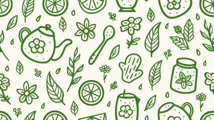 Retro vintage seamless herbal tea doodle icons. Doodle sketch drawings in grunge charcoal style for winter holidays party celebration perfect for posters and invitation cards.