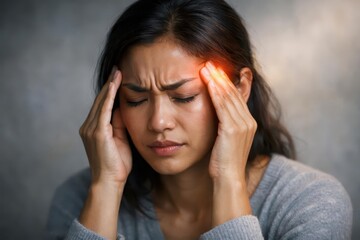 Asian woman experiencing severe headache and various health issues, including fever and neurological disorders