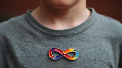 Teen boy with autism wearing a metallic rainbow pin on his shirt Autism awareness day rights advocacy neurodiversity acceptance movement