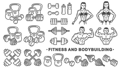 Fitness and bodybuilding icon set. Collection icon fitness. Vector