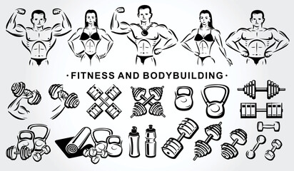 Fitness and bodybuilding icon set. Collection icon fitness. Vector