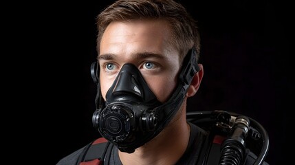 Man wearing a professional diver s respirator mask with air supply
