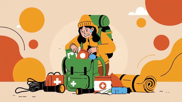 Stressed Hiker With Overpacked Backpack During Outdoor Adventure Preparation Cartoon Style Animation