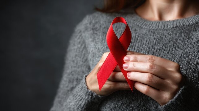 Female with red ribbon for December AIDS Day immune deficiency syndrome multiple myeloma awareness month and National Red Ribbon Week health and cancer awareness theme - Powered by Adobe