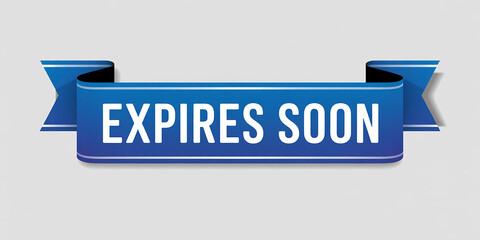 Blue ribbon banner with white text EXPIRESON on a light gray background expires