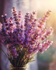 Closeup of lavender bouquet glowing in soft natural sunlight representing floral aromatherapy and gentle natural stress relief atmosphere  
