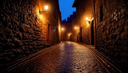 Narrow cobblestone street illuminated by warm lights at dusk, creating a mysterious atmosphere.