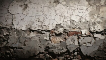 Obraz premium Weathered Wall Texture - A Detailed Close-Up of Cracked Plaster and Exposed Brick.