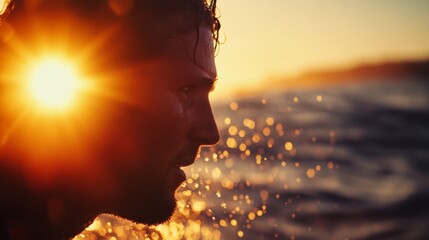 A man's silhouette as the sun sets behind him on a beach.