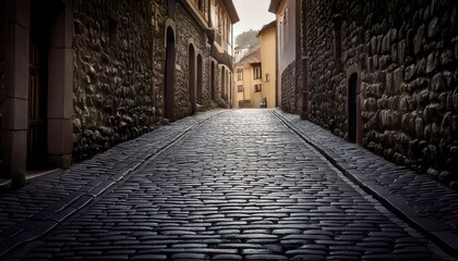 Naklejka premium Narrow Cobblestone Street in Historic European Town with Stone Buildings and Dim Lighting.