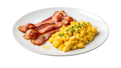 Delicious scrambled eggs with crispy bacon on a plate, isolated on white or transparent background, perfect for breakfast, brunch, food advertising, and menu visuals. PNG format.