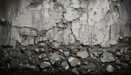 Weathered Concrete Wall with Cracks and Debris, Grunge Texture, Damaged Surface.