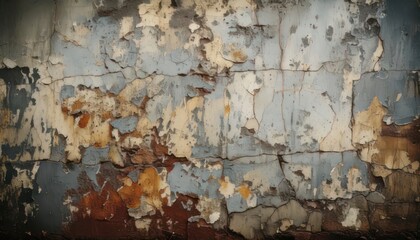 Weathered Wall Texture - A Detailed Close-Up of Peeling Paint and Aged Bricks.