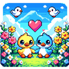 Fototapeta premium Two cute pixel art ducks in love sitting in a colorful flower field with blue sky and mountains 