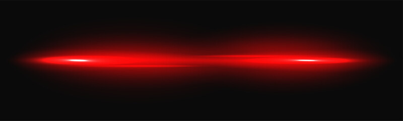 Laser red beam with neon light flare and glowing speed effect for technology background. Bright energy ray with digital shine in dark space. Abstract horizontal vector line isolated overlay