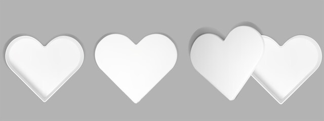 Heart shape white box from top view with open gift package and realistic shadow. Empty 3d cardboard valentine container with paper cover interior. Vector mockup for makeup or birthday secret