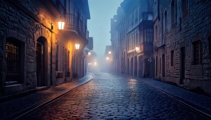 Mysterious cobblestone street scene at dusk with illuminated streetlights and atmospheric fog.