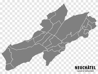 Map Canton of Neuchatel on transparent background. Canton Neuchatel map with municipalities in gray for your design. Switzerland. EPS10.