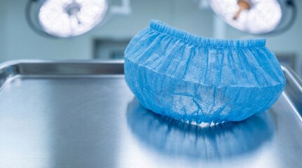 Blue disposable bouffant cap on a surgical tray