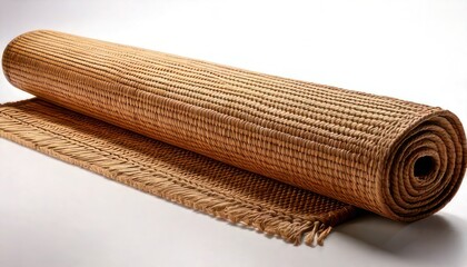 Rolled Natural Fiber Mat on White Surface - Texture and Detail.