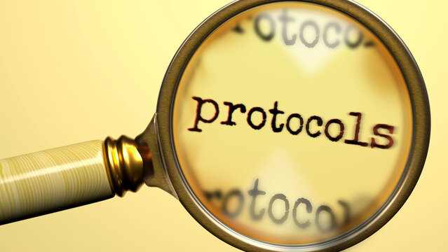 Protocols being studied under magnifying glass. Focusing on a topic of protocols. Taking a closer look at protocols. Examination of it ,3d illustration