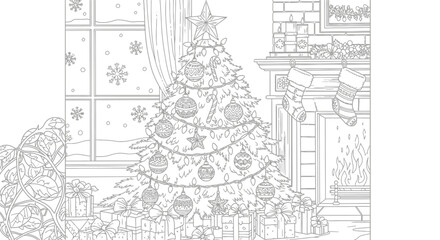 Fototapeta premium A festive christmas tree stands in a cozy living room with a fireplace and decorated window during the holiday season with presents underneath
