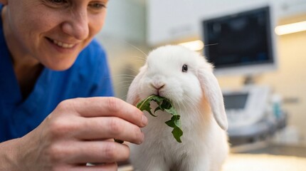 Veterinarian feeds white rabbit a leafy green vegetable