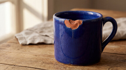 Blue ceramic mug sits on wooden table near a window