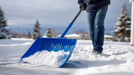Close-up snow removal with shovel pushing fresh snow, manual winter maintenance activity, seasonal outdoor work and everyday snow clearing in urban residential environment 