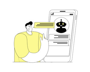 A character communicates with a chatbot on a phone. Chatting with a bot. Artificial intelligence in online support. Vector illustration in a simple line style.